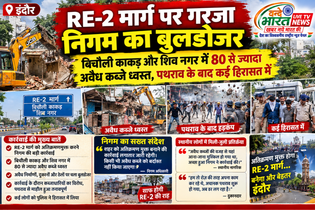 RE-2 मार्ग पर गरजा निगम का बुलडोजर: बिचौली काकड़ और शिव नगर में 80 से ज्यादा अवैध कब्जे ध्वस्त, पथराव के बाद कई हिरासत में 1 RE-2 मार्ग पर गरजा निगम का बुलडोजर: बिचौली काकड़ और शिव नगर में 80 से ज्यादा अवैध कब्जे ध्वस्त, पथराव के बाद कई हिरासत में - इन्दौर, मध्य प्रदेश
