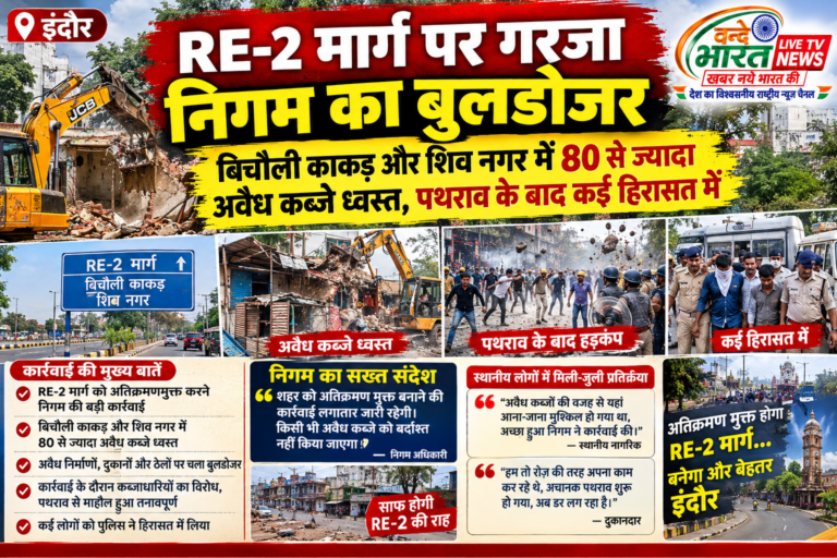 RE-2 मार्ग पर गरजा निगम का बुलडोजर: बिचौली काकड़ और शिव नगर में 80 से ज्यादा अवैध कब्जे ध्वस्त, पथराव के बाद कई हिरासत में
