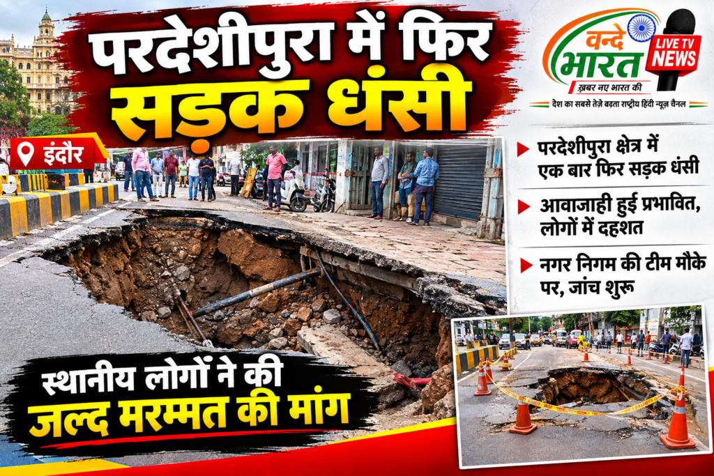 परदेशीपुरा में फिर धंसी सड़क, राहगीरों में दहशत सड़क धंसने से खुली व्यवस्था की पोल, हादसे का बढ़ा खतरा - इन्दौर, मध्य प्रदेश