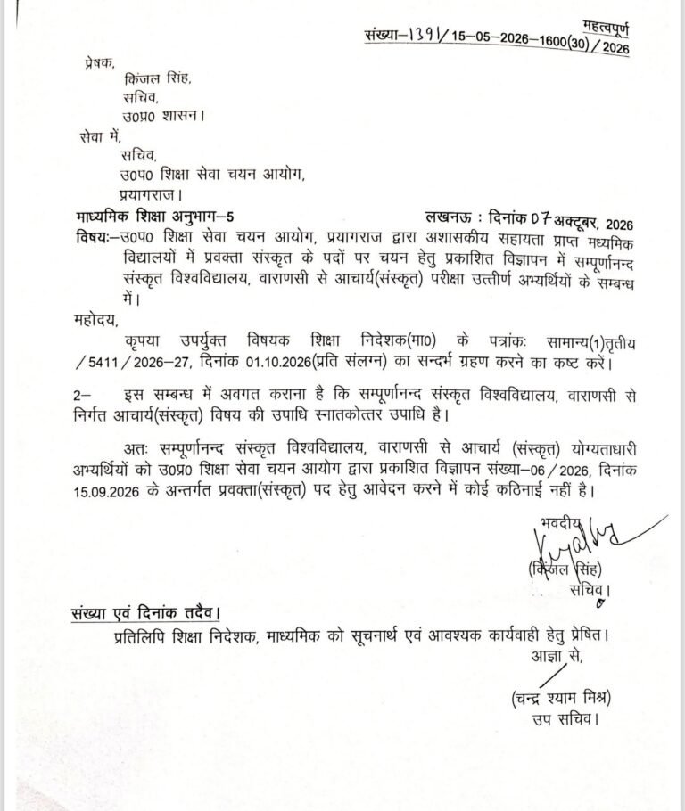 आचार्य (संस्कृत) उपाधिधारक अभ्यर्थियों के लिए प्रवक्ता (संस्कृत) पद पर आवेदन का मार्ग हुआ स्पष्ट*- कुलपति प्रो बिहारी लाल शर्मा।