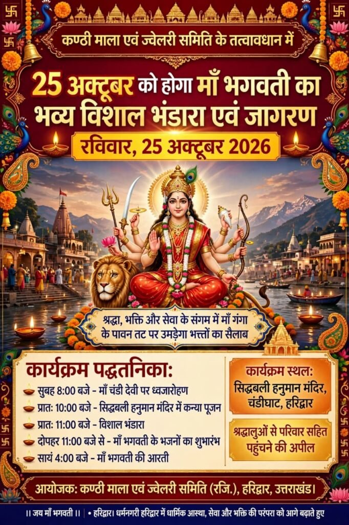 कण्ठी माला एवं ज्वेलरी समिति के तत्वावधान में 25 अक्टूबर को होगा माँ भगवती का भव्य विशाल भंडारा एवं जागरण - HARIDWAR, उत्तराखंड