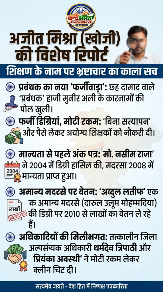बस्ती के कप्तानगंज स्थित मदरसा दारुल उलूम अहले सुन्नत फैजुन्नबी के प्रबंधक हाजी मुनीर अली (जिन्हें 'छह दामाद वाले प्रबंधक' कहा जाता है) का बड़ा फर्जीवाड़ा उजागर 1 बस्ती के कप्तानगंज स्थित मदरसा दारुल उलूम अहले सुन्नत फैजुन्नबी के प्रबंधक हाजी मुनीर अली (जिन्हें 'छह दामाद वाले प्रबंधक' कहा जाता है) का बड़ा फर्जीवाड़ा उजागर - BASTI, उत्तर प्रदेश