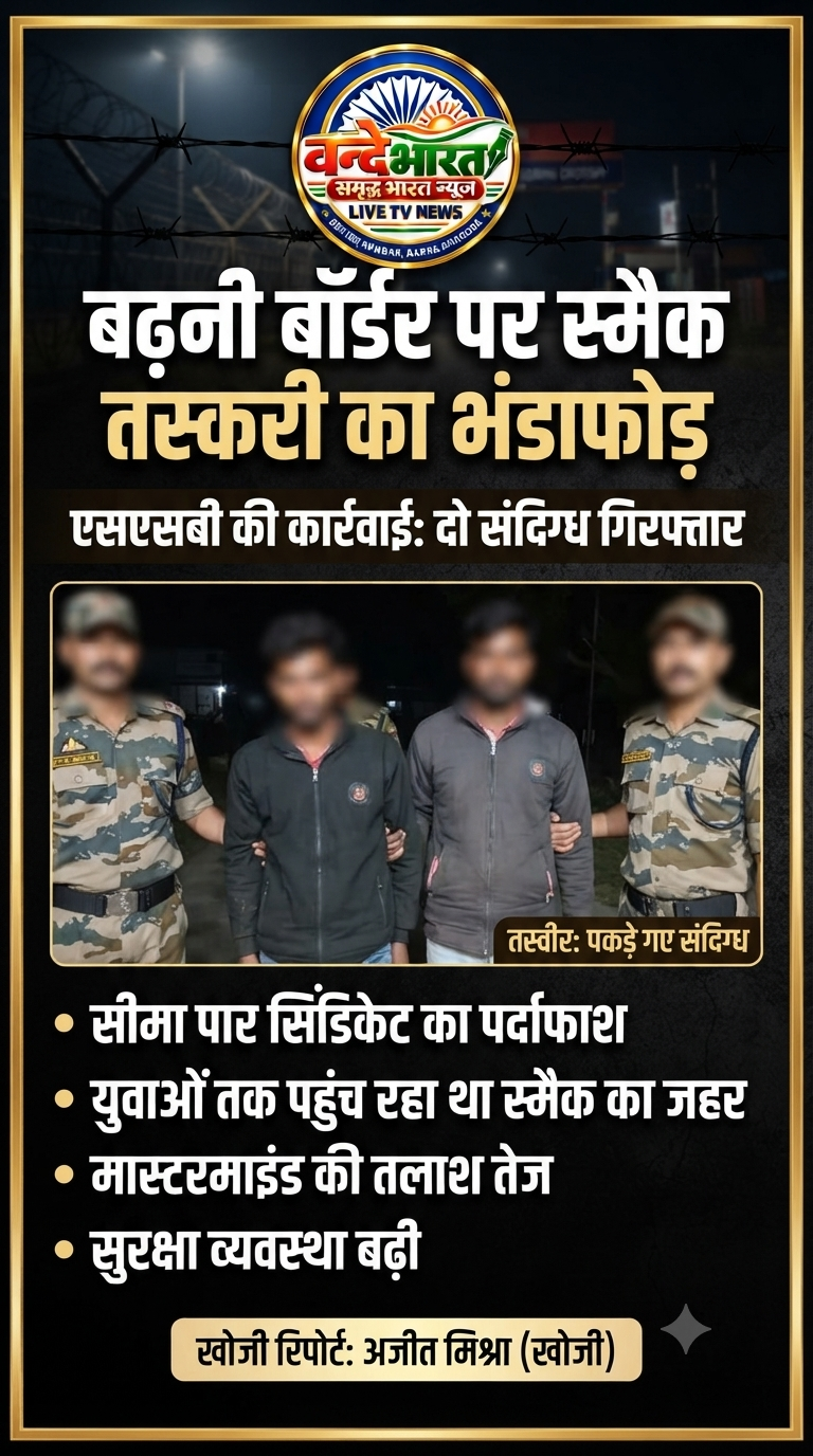 बढ़नी बॉर्डर पर स्मैक तस्करी का भंडाफोड़: एसएसबी की कार्रवाई में दो संदिग्ध हिरासत में, सीमापार सिंडिकेट का पर्दाफाश।