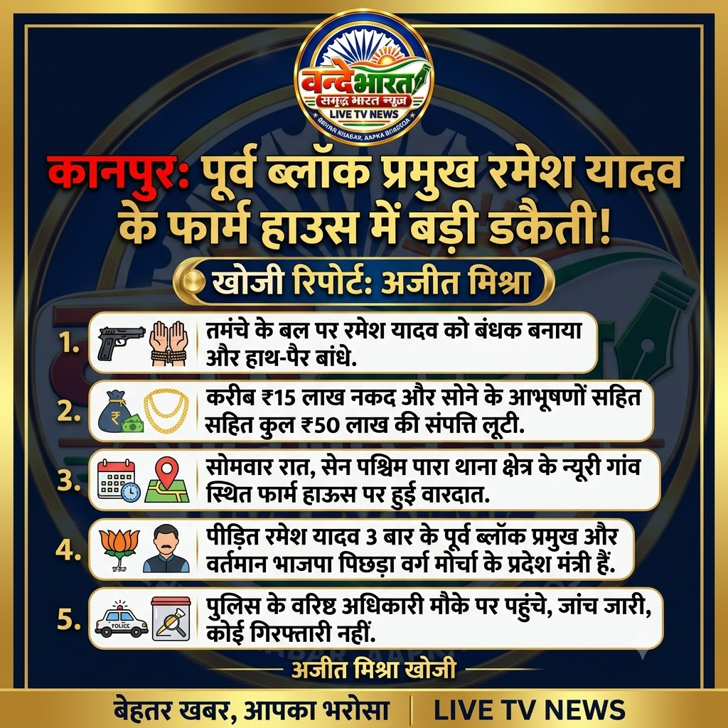 सत्ताधारी नेता के घर दुस्साहसिक वारदात: कानपुर में भाजपा नेता व पूर्व ब्लॉक प्रमुख रमेश यादव के फार्म हाउस पर नकाबपोश बदमाशों का धावा, तमंचे के बल पर बंधक बनाकर की लाखों की लूट। 1 सत्ताधारी नेता के घर दुस्साहसिक वारदात: कानपुर में भाजपा नेता व पूर्व ब्लॉक प्रमुख रमेश यादव के फार्म हाउस पर नकाबपोश बदमाशों का धावा, तमंचे के बल पर बंधक बनाकर की लाखों की लूट। - KANPUR NAGAR, उत्तर प्रदेश