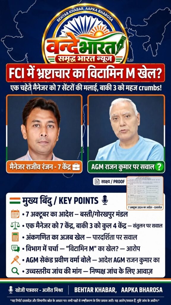 एफसीआई में 'मेहरबानी' का खेल: एक चहेते मैनेजर को 7 केंद्र, बाकी तीन को महज 4! - BASTI, उत्तर प्रदेश