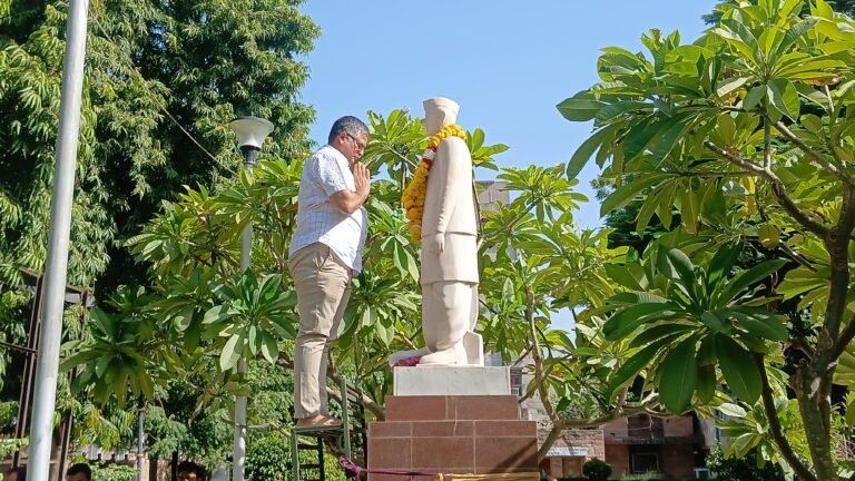 पाली नगर निगम महापौर श्रीमती नमिता विकास बुबकीया व जन प्रतिनिधि ने महात्मा गांधी मूर्ति पर माल्यार्पण किया।