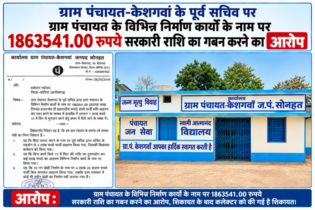 *ग्राम पंचायत केशगवां में लाखों का घोटाला: पूर्व सचिव और पूर्व सरपंच पर 18.63 लाख रुपये के गबन का आरोप, कलेक्टर से शिकायत* 1 *ग्राम पंचायत केशगवां में लाखों का घोटाला: पूर्व सचिव और पूर्व सरपंच पर 18.63 लाख रुपये के गबन का आरोप, कलेक्टर से शिकायत* - कोरिया, छत्तीसगढ़