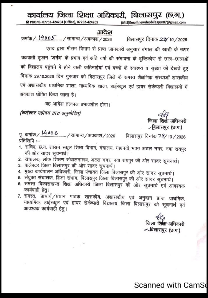 बड़ी खबर | चक्रवात ‘अर्नब’ के प्रभाव से छत्तीसगढ़ में स्कूलों की छुट्टी, बिलासपुर में 29 अक्टूबर को अवकाश घोषित - बिलासपुर, छत्तीसगढ़