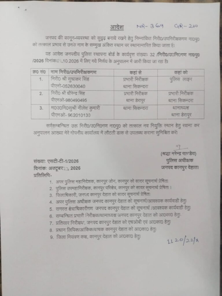 कानपुर देहात पुलिस में बड़ा फेरबदल: सिकंदरा और डेरापुर थाने के प्रभारी बदले, महिला उपनिरीक्षक को मिली थाने की कमान