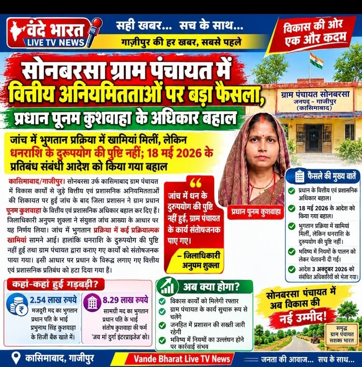 सोनबरसा ग्राम पंचायत में वित्तीय अनियमितताओं पर बड़ा फैसला, प्रधान पूनम कुशवाहा के अधिकार बहाल