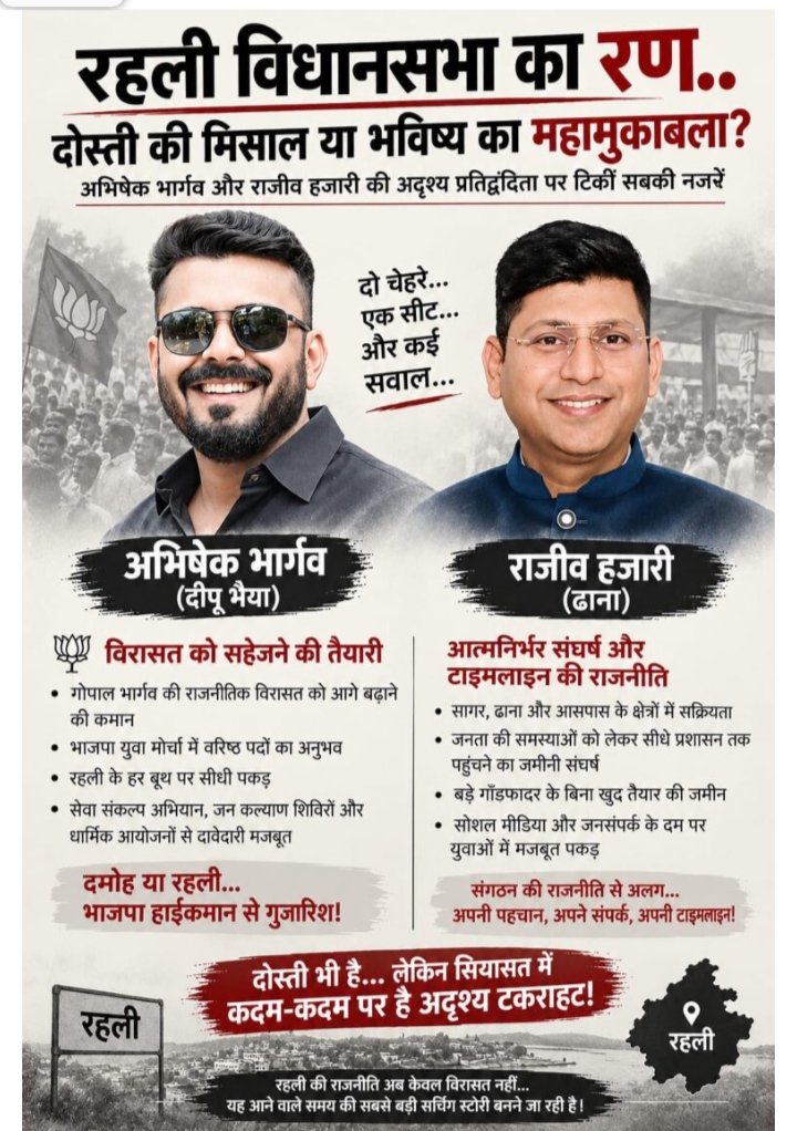 रहली विधानसभा का रण,दोस्ती की मिसाल या भविष्य का महामुकाबला? अभिषेक गोपाल भार्गव और राजीव हजारी की अदृश्य प्रतिद्वंदिता पर टिकीं नजरें