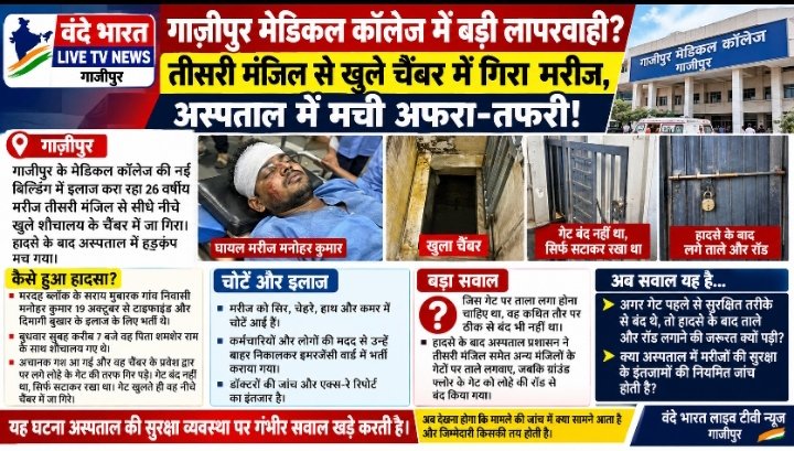 गाज़ीपुर मेडिकल कॉलेज में बड़ी लापरवाही? तीसरी मंजिल से खुले चैंबर में गिरा मरीज, अस्पताल में मची अफरा-तफरी