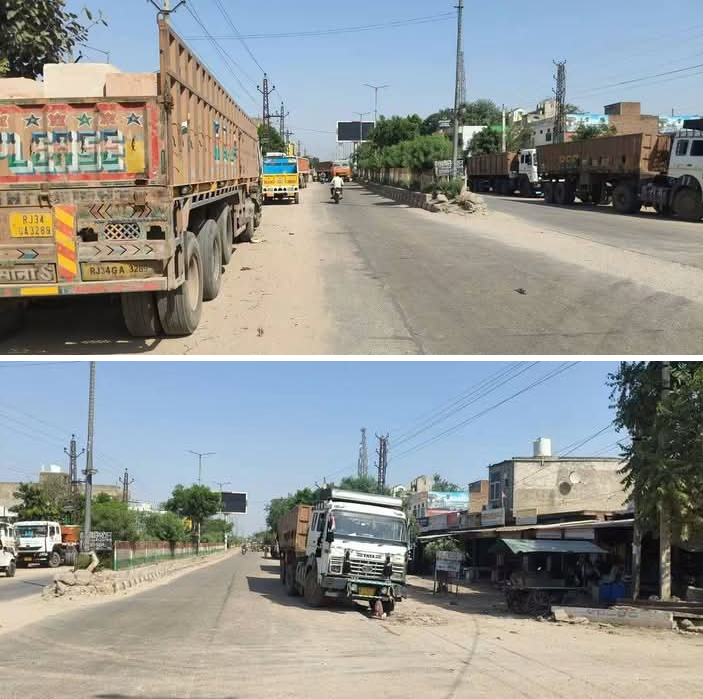 #बयाना रीको क्षेत्र में सड़क किनारे खड़े भारी वाहन, हादसे का खतरा।