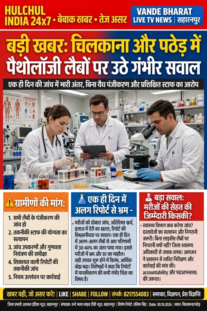 सहारनपुर के चिलकाना और पठेड़ में पैथोलॉजी लैबों के संचालन पर उठे गंभीर सवाल! - SAHARANPUR, उत्तर प्रदेश