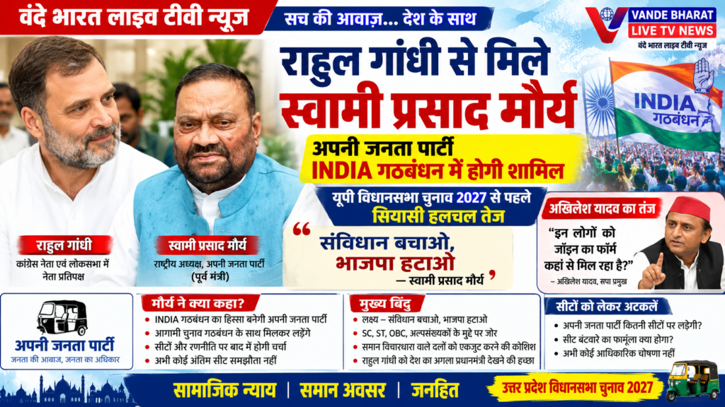 यूपी में बड़ा सियासी उलटफेर - राहुल गांधी से मिले स्वामी प्रसाद मौर्य, अपनी जनता पार्टी INDIA गठबंधन में शामिल 1 यूपी में बड़ा सियासी उलटफेर - राहुल गांधी से मिले स्वामी प्रसाद मौर्य, अपनी जनता पार्टी INDIA गठबंधन में शामिल - LUCKNOW, उत्तर प्रदेश
