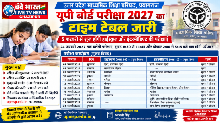यूपी बोर्ड परीक्षा 2027 का टाइम टेबल जारी, 5 फरवरी से शुरू होंगी हाईस्कूल और इंटरमीडिएट की परीक्षाएं 24 फरवरी तक चलेंगी परीक्षाएं, सुबह 8:30 से 11:45 और दोपहर 2 से शाम 5:15 बजे तक