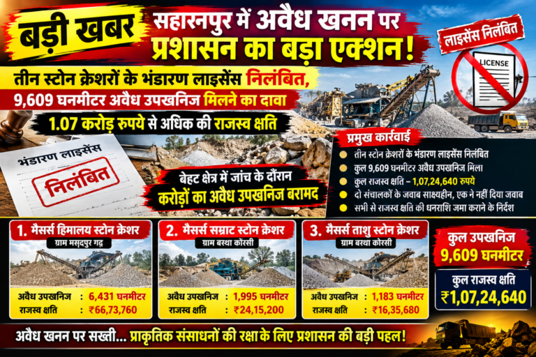 सहारनपुर में अवैध खनन पर प्रशासन का बड़ा एक्शन! तीन स्टोन क्रेशरों के भंडारण लाइसेंस निलंबित,