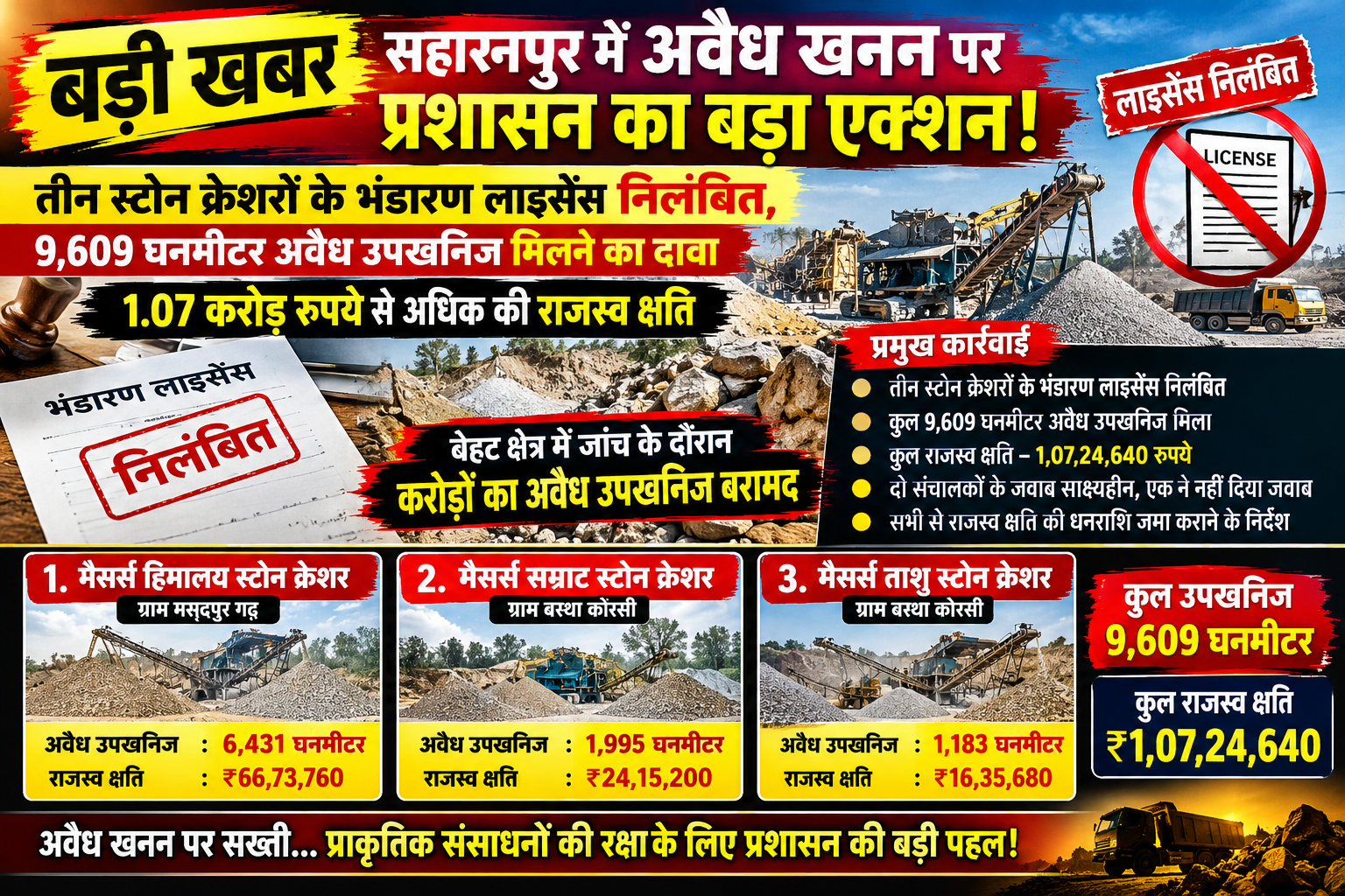 सहारनपुर में अवैध खनन पर प्रशासन का बड़ा एक्शन! तीन स्टोन क्रेशरों के भंडारण लाइसेंस निलंबित, 2 सहारनपुर में अवैध खनन पर प्रशासन का बड़ा एक्शन! तीन स्टोन क्रेशरों के भंडारण लाइसेंस निलंबित, - SAHARANPUR, उत्तर प्रदेश